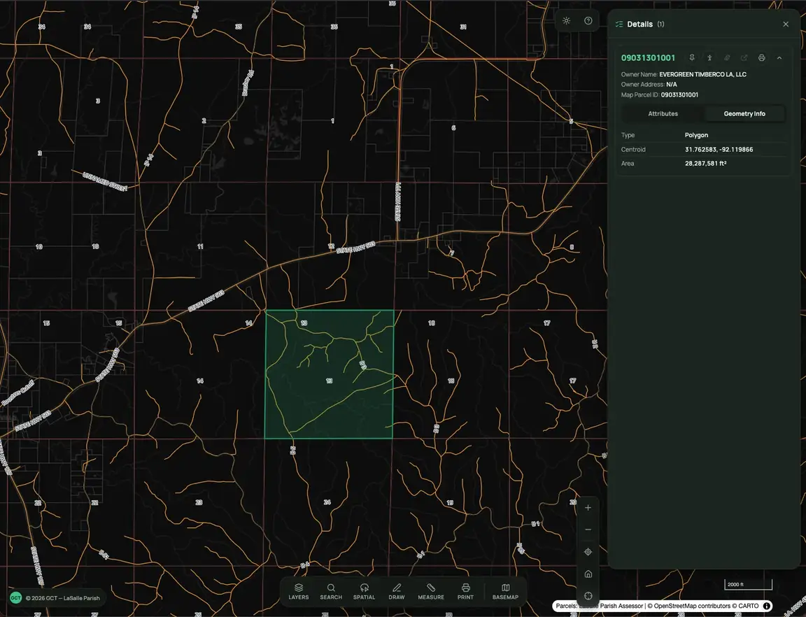 Atlas viewer in dark mode: a parcel map with a selected parcel highlighted and a details panel showing owner name, parcel ID, centroid, and area